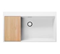 PRIMAGRAN Evier Cuisine en Granit Blanc 88x50cm, Lavabo 1 bac + Kit de Vidage + Planche à Découper, Évier à Encastrer al mueble 90cm - Oslo S706