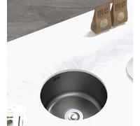Évier Cuisine, Évier Cuisine Rond Compact en Acier Inoxydable 304 pour Camping-Cars - Finition Nano Noire Cuve Simple Kit Vidage Complet et Fixations Inclus