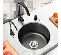 Évier Cuisine, Évier Cuisine Rond Compact en Acier Inoxydable 304 pour Camping-Cars - Finition Nano Noire Cuve Simple Kit Vidage Complet et Fixations Inclus