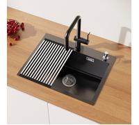 Évier Cuisine Gris-noir 58x45x18CM Évier à Encastrer en Inox Évier 1 Bac avec Distributeur de savon et Égouttoir pliable