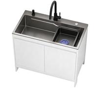 Evier Cuisine Inox 1 Bac avec Rangement Meuble | Évier à Autoportant avec Robinets d'eau Chaude et d'eau Froide et Panier Égouttoir pour Usage Domestique et Professionnel