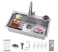 Évier Cuisine Inox 304 Plaque Dégivrage & Robinet Extractible Famille 60×45 | Résistant aux rayures, hydrofuge, avec bac à verres, robinet rétractable, planche à découper