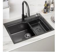 Évier Cuisine Inox 68x48x21CM Évier 1 Bac Gris foncé avec Panier, Distributeur de savon et Kit de Vidange, pour Armoire de 80 cm