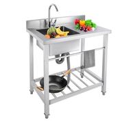Évier Cuisine Inox, Évier sur Pied Professionnel 1 Bac avec Plan de Travail et Robinet Pivotant 360°, Évier Autoportant Acier Inoxydable pour Restaurant Garage Jardin Extérieur, 80x55x84 cm