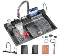 Evier Cuisine Inox Noir 75x45cm Evier De Cuisine 1 Bac Grand Format Avec Robinet Affichage Numérique Distributeur De Savon, Gobelet