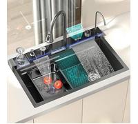 Evier Cuisine Inox Noir 75x46cm Evier De Cuisine 1 Bac Grand Format Avec Robinet Affichage Numérique Distributeur De Savon, Gobelet