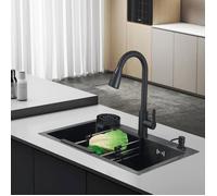 Évier Cuisine Inox Noir Mat 60x45cm Kit Complet Robinet Extractible + Lave-gobelet Intégré + Distributeur Savon