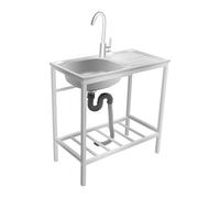 Evier Cuisine Inox Sur Pied, Autonome Evier Exterieur, Robinet Pivotant 360° Avec Etagere Rangement, Grande Capacite, Idéal pour Maison, Restaurant, Laverie, Charge 30kg, 75x40x75cm