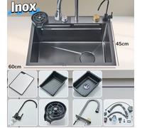 Évier Cuisine Multifonctionnel à Encastrer 60*45cm - Inox - Avec robinet - affichage numérique - Grande fente simple -Évier cascade