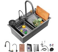 Évier Cuisine Nano Noir Évier À Cascade En Acier Inoxydable 304 Évier Cuisine À Un Seul Bol Pour Poste De Travail Avec Robinet À Cascade Multifonctionnel À Chargement Par Le Haut (Noir, 85x45 x21 cm)