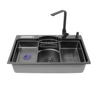 Evier Cuisine Noir 78 x 48 cm - Lavabo Cuisine En acier inoxydable - Silencieux - Avec trou de trop-plein - Porte-couteau et panier pour outils de nettoyage pour maisons