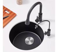 Evier Cuisine Rond Noir en Acier Inoxydable, Mini Evier Multifonction de Bar avec Robinet Extractible et Panier de Vidange for Hôtels, Restaurants et Maisons