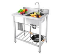 Évier Cuisine sur Pied Évier,Inox Autonome Professionnel avec Robinet Pivotant 360° Étagère et Dosseret Anti-Éclaboussures, Grande Capacité 100kg pour Jardin Garage Restaurant Camping, 80x55x84cm