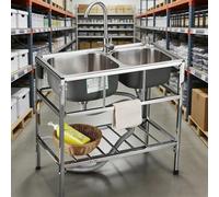 Évier Cuisine Utilitaire Commercial en Acier Inoxydable avec Chaud/Froid Robinet, Evier Exterieur 2 Cuves avec Etagère de Rangement pour Restaurant, Garage