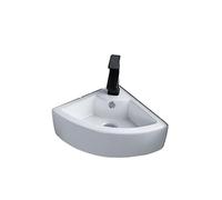 Évier d'angle blanc pour salle de bain - Évier mural en céramique avec égouttoir, robinet d'eau froide et chaude, design triangulaire peu encombrant pour petites salles de bains (43 x 28 x 12 cm)