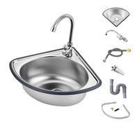 Évier D'Angle Compact En Acier Inoxydable, Forme Triangulaire, À Fixer Au Mur, Avec Robinet D'Eau Froide. Profondeur De 13 Cm, Design Compact Idéal Pour Les Petites Cuisines Et Les Espaces Restreints