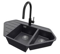 Evier d'angle en Granit 90x50cm, Lavabo Cuisine 1,5 bacs + Kit de Vidage + Robinet 9010 Copenhague Corner de Primagran Graphite