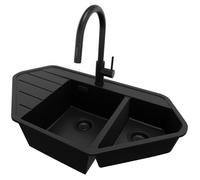 Evier d'angle en Granit 90x50cm, Lavabo Cuisine 1,5 bacs + Kit de Vidage + Robinet 9010 Copenhague Corner de Primagran Tout Noir