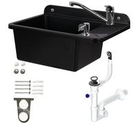 Évier de 51 cm en granit noir polystyrène avec robinet pivotant, évier de cuisine avec trop-plein, distributeur de savon, siphon, bac à laver mural