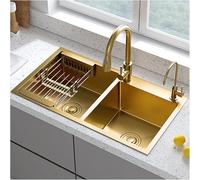 évier De Bar à Double Cuve évier De Cuisine avec Robinet évier De Cuisine Encastré évier en Acier Inoxydable 304 Lavabo étagé, Gold-e, 78x43x21cm