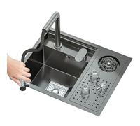 Évier de bar de cuisine caché de 55 x 45 cm avec couvercle, bol simple en acier inoxydable, robinet de levage extractible, lavabo multifonction pour camping-cars et petits espaces