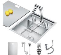 Évier de bar de cuisine dissimulé caché avec robinet pliable, poste de travail encastrable dissimulé en acier inoxydable évier simple vasque de bar pour petite cuisine préparation camping-car (Argent