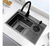 Évier de bar de cuisine en acier inoxydable noir avec rondelle de tasse et régulateur de vidange - Évier encastrable à cuve unique avec égouttoir caché pour la maison moderne