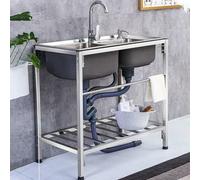 Évier de bar double en acier inoxydable avec robinet chaud et froid - Évier autoportant pour lavage des mains - Pour intérieur/extérieur - 80 x 43 x 75 cm - Solut de cuisine