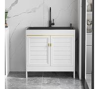 Évier de buanderie avec meuble et robinet, modèle autoportant pour cuisine, garage ou rangement.