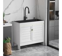 Évier de buanderie avec meuble et robinet, modèle autoportant pour cuisine, garage ou rangement.