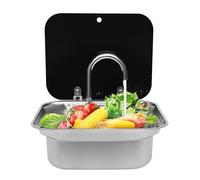 Évier de camping - 41 x 36,5 x 16 cm - En acier inoxydable - Avec couvercle en verre et robinet - Pour caravane/bateau - Lavabo à main avec tuyau d'évacuation - Eau chaude et froide