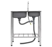 Évier de camping avec double bac en acier inoxydable, égouttoir, robinet, 76 x 42 x 18,5 cm, robuste, facile à transporter, idéal pour la cuisine de jardin et la buanderie