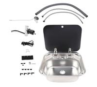 Évier de camping-car en acier inoxydable - Lavabo à cuve unique avec robinet pliable et couvercle en verre, design compact pour camping-cars et petits espaces