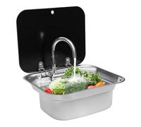Évier De Camping-Car Encastrable, Évier De Caravane, Lavabo Cuisine Inox | Avec Robinet Pliable Et Couvercle Verre Trempé, Kit Complet Tuyaux Inclus, Pour Van Aménagé Caravane Bateau, 41X36,5CM