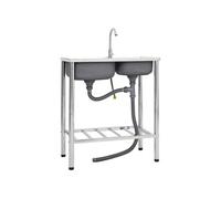 Evier de camping Double lavabo avec robinet Acier inoxydable, Argent