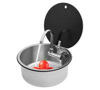 Évier de camping rond de 34 cm en acier inoxydable 304 - Avec robinet pliable et couvercle en verre trempé - Kit complet avec bonde - Pour caravane, yacht et bateau - Design peu encombrant