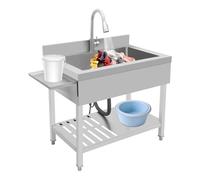 Évier de cuisine 1 bac 89,92 x 56,9 x 93,98 cm, 1 robinet, 2 tuyaux d'alimentation, 1 tuyau d'écoulement, 1 boule de gravité, évier en acier inoxydable pour cuisines, salles de bains, fermes (argent)