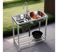 Évier de Cuisine 2 Bac,78x43x82cm Extérieur Éviers De Jardin en Acier Inoxydable à double cuve Évier Utilitaire Autoportant avec Robinet et Support,pour Garage,Restaurant,Buanderie