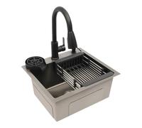 Évier de cuisine, 45 x 40 cm, noir, en acier inoxydable 201, encastrable, 1 bac, moderne, avec robinet extensible, distributeur de savon, égouttoir pour cuisine, restauration