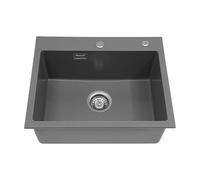 Évier de cuisine, 55 x 45 cm, en pierre de quartz avec un arc, profondeur de 22 cm, 1 bac encastrable, 2 trous pré-percés (gris)