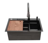 Évier de cuisine, 60 x 45 cm, en acier inoxydable, encastrable, avec robinet, planche à découper, distributeur de savon et porte-couteau, noir, pour restaurants, bars, hôtels
