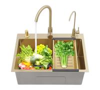 Évier de cuisine, 68 × 45 × 20 cm, doré, encastrable, avec 2 robinets et panier d'égouttement, en acier inoxydable, 1 bac, pour ménages, cuisines, restaurants