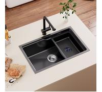 Évier de Cuisine 68x43x21CM Évier 1 Bac Gris-noir en Inox avec Panier et Drainage, 3 Type Installation