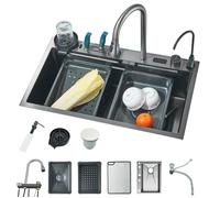 Évier de Cuisine 75x46cm,Acier Inoxydable,Cascade Flying Rain,Commande Sur Table,Lave-tasses,Distributeur de Savon