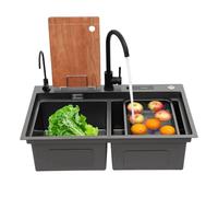 Évier de cuisine, 78 x 46 x 24 cm, en acier inoxydable, à 2 bacs, avec bac dans le bassin, deux conduites d'eau froide et chaude, porte-couteau, planche à découper (noir)