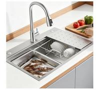 Évier De Cuisine À 1 Cuve En Acier Inoxydable Avec Revêtement Nano, Trop-plein, Planche À Découper Et Panier Égouttoir, Évier Carré Profond À Poser Ou Encastrer.(70x50x22cm)