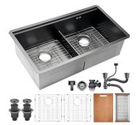 Évier de cuisine à 2 bacs en acier inoxydable - 80 x 50 cm - Noir anthracite - Évier de cuisine avec égouttoir - Évier encastrable avec siphon, tuyau de vidange, encastré/en haut (D, 80 x 50 x 22 cm)