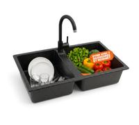 Évier de cuisine à 2 bacs en aggloméré ciment, avec ou sans égouttoir - Évier de cuisine noir ou blanc à encastrer, robinet mitigeur inclus