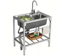 Évier de cuisine à cuve simple sur pied, évier utilitaire en acier inoxydable avec robinet chaud et froid, finition argentée et panier de vidange, support renforcé, station de lavage