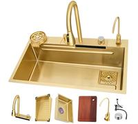 Évier De Cuisine À Cuve Unique Doré, Évier Cascade Multifonction, Lavabo À Vaisselle En Acier Inoxydable Fait À La Main, Poste De Travail De Cuisine Coulissant Et Repas, Avec Rinçage En Verre, Distrib